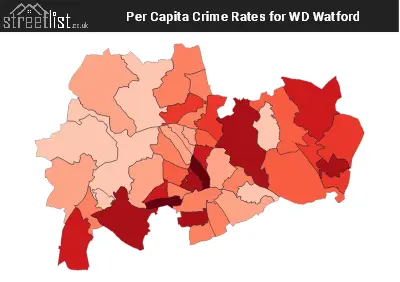 Map Showing Crime Rates in Postcode Sectors in the  WD postcode area