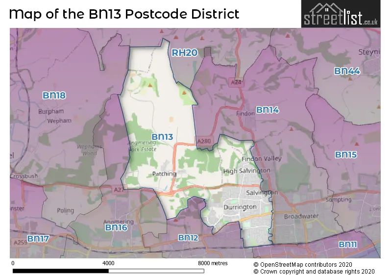 Map of the BN13 and surrounding districts
