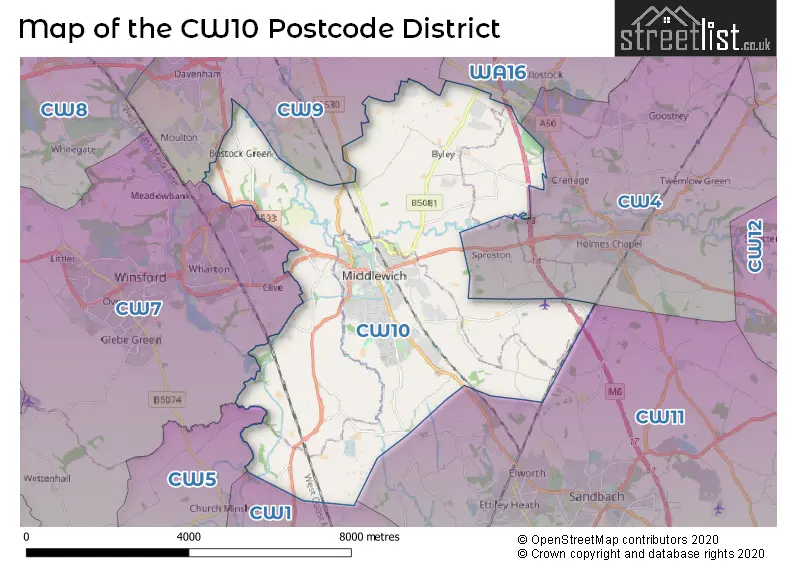 Map of the CW10 and surrounding districts