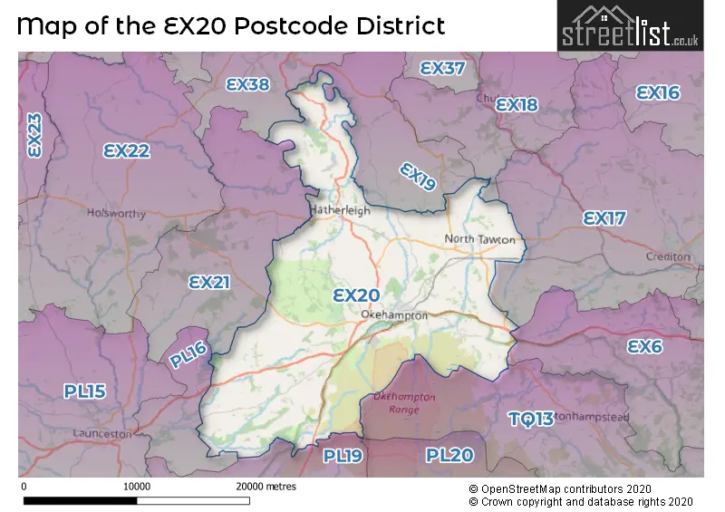 Map of the EX20 and surrounding districts