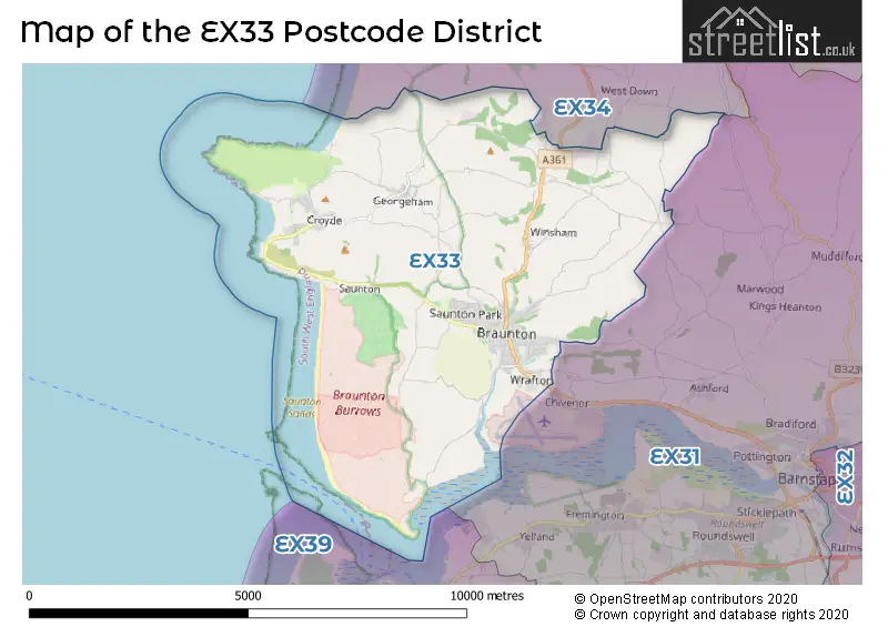 Map of the EX33 and surrounding districts