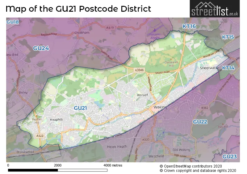 Map of the GU21 and surrounding districts