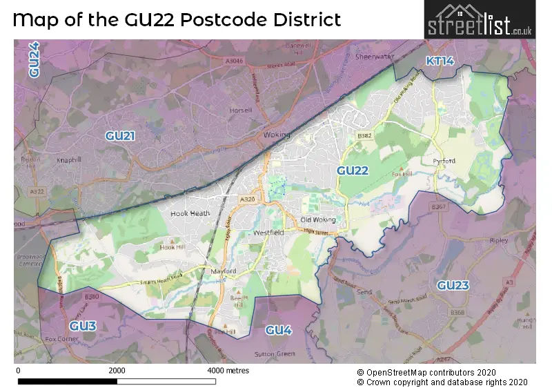 Map of the GU22 and surrounding districts