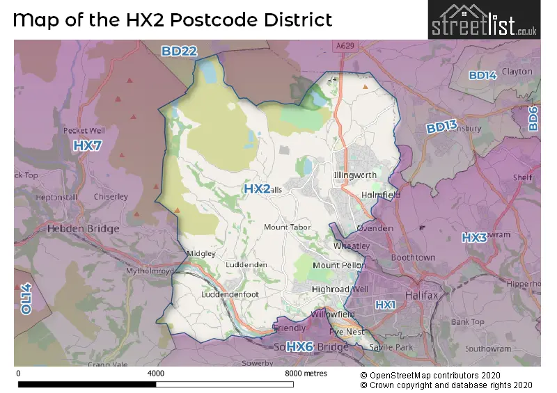 Map of the HX2 and surrounding districts