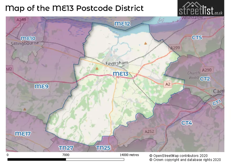 Map of the ME13 and surrounding districts