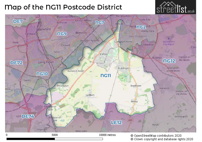 Map of the NG11 and surrounding districts