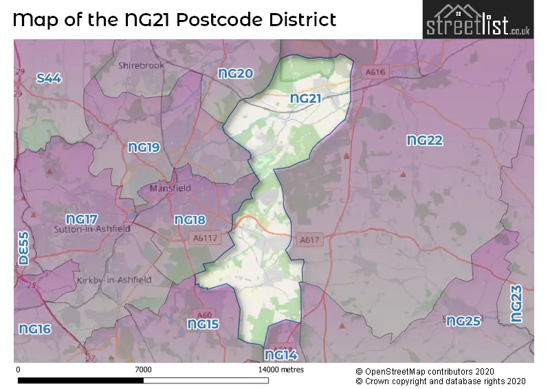 Map of the NG21 and surrounding districts