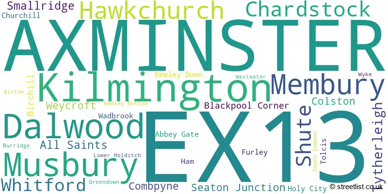 A word cloud for the EX13 postcode