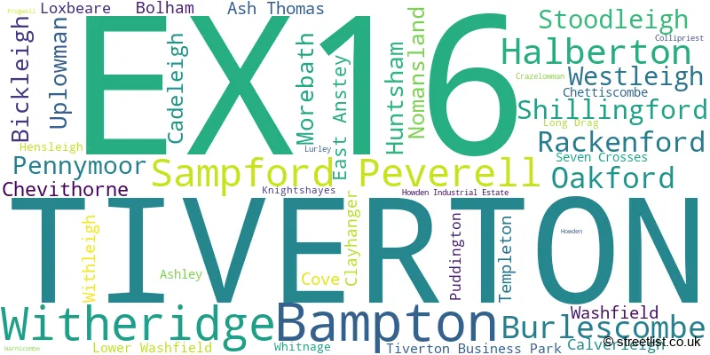 A word cloud for the EX16 postcode
