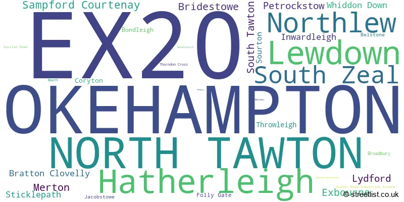 A word cloud for the EX20 postcode
