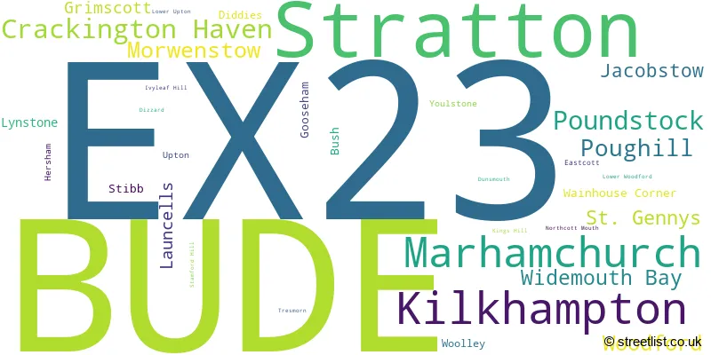 A word cloud for the EX23 postcode