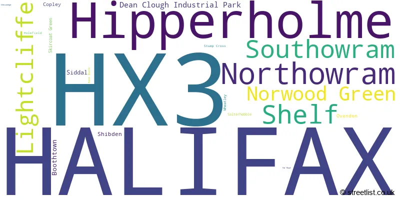 A word cloud for the HX3 postcode