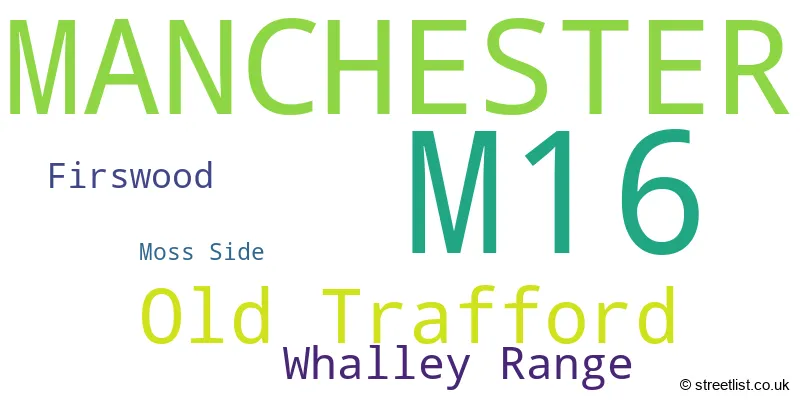A word cloud for the M16 postcode