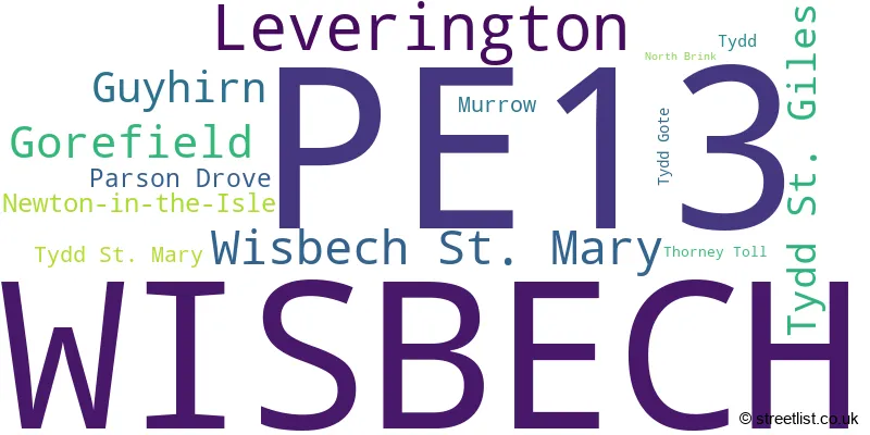 A word cloud for the PE13 postcode