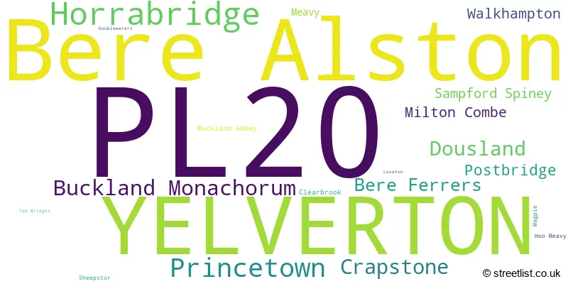A word cloud for the PL20 postcode