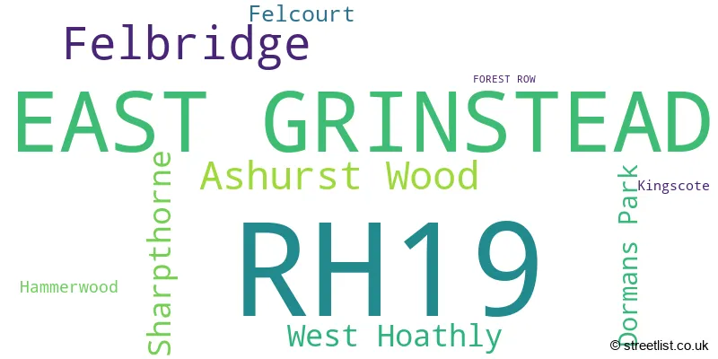 A word cloud for the RH19 postcode