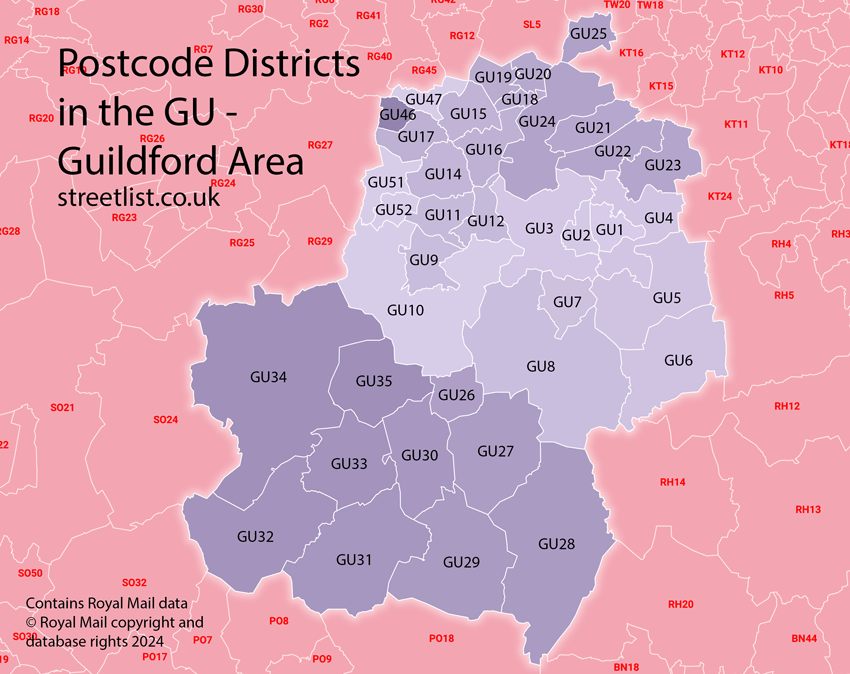 Map of GU Guildford Postcode Area