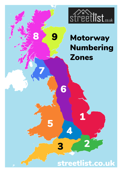 Map of motorway numbering zones in Great Britain