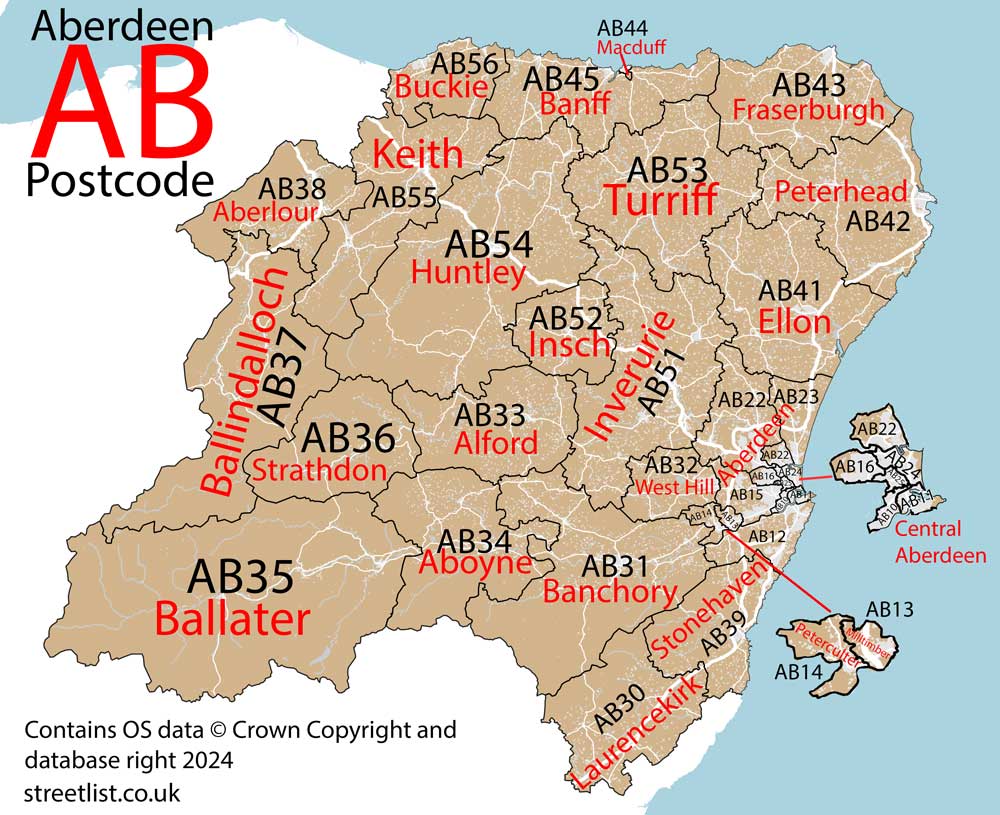 Detailed map of the AB Postcode Area