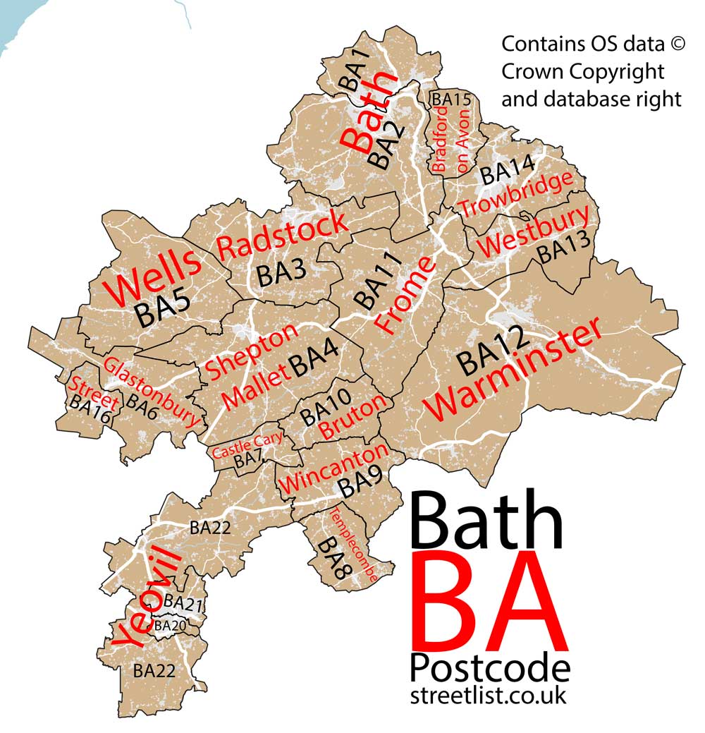 Detailed map of the BA Postcode Area