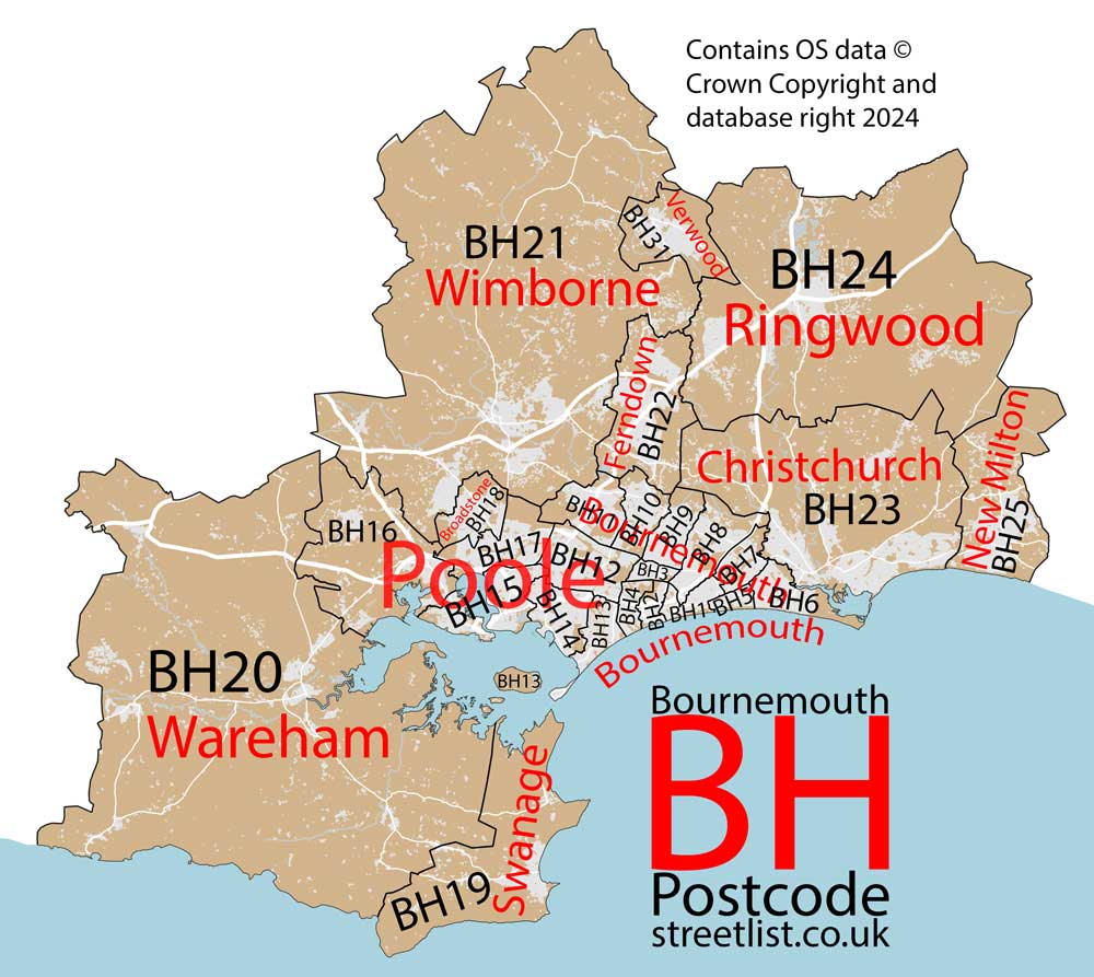 Detailed map of the BH Postcode Area