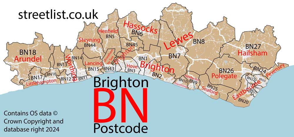 Detailed map of the BN Postcode Area