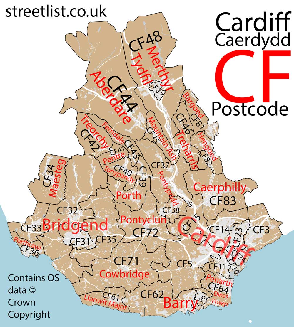 Detailed map of the CF Postcode Area