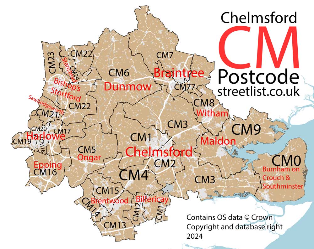 Detailed map of the CM Postcode Area