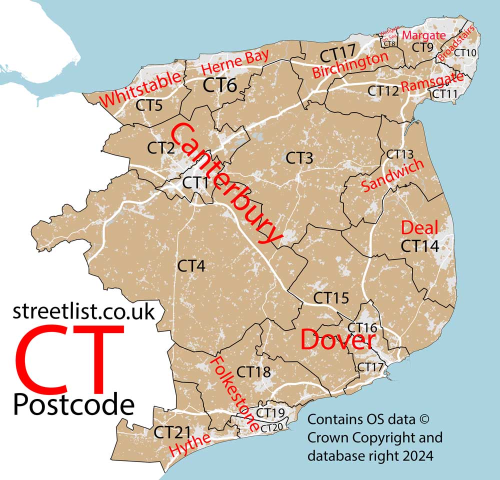 Detailed map of CT Canterbury Postcode Area
