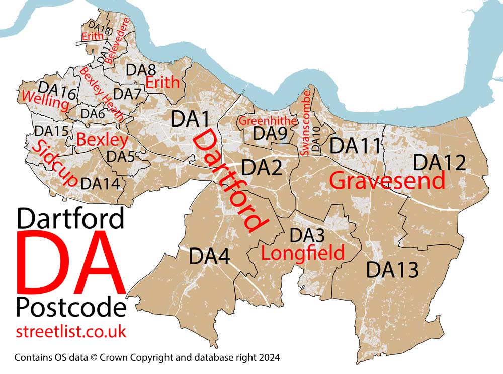 Detailed map of the DA Postcode Area