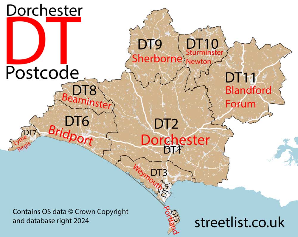 Detailed map of the DT Postcode Area