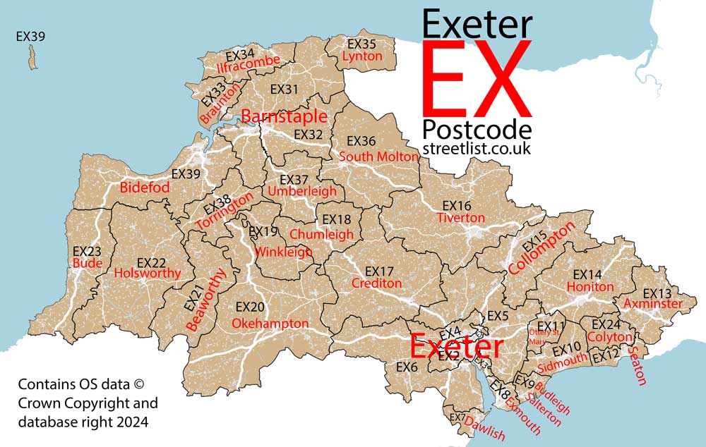 Detailed map of the EX Postcode Area