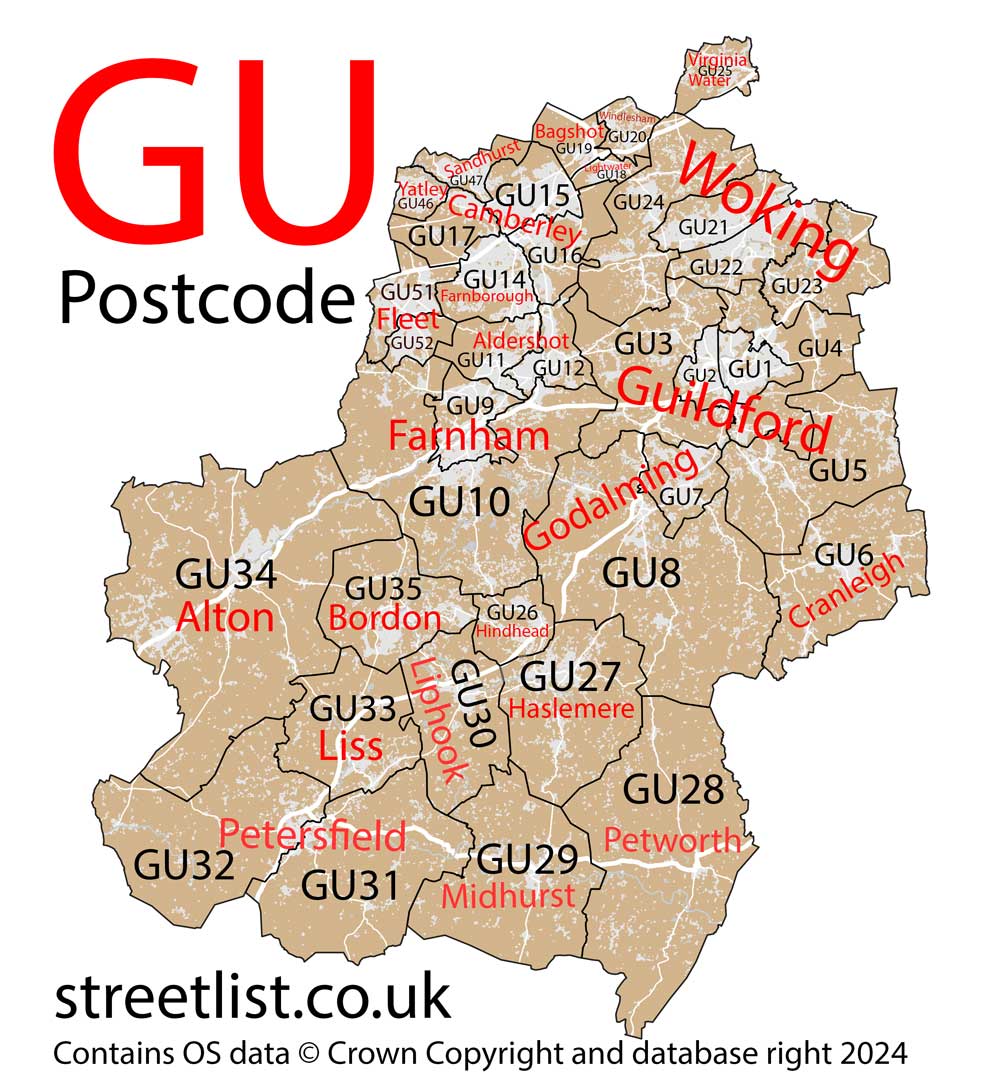 Detailed map of GU Guildford Postcode Area