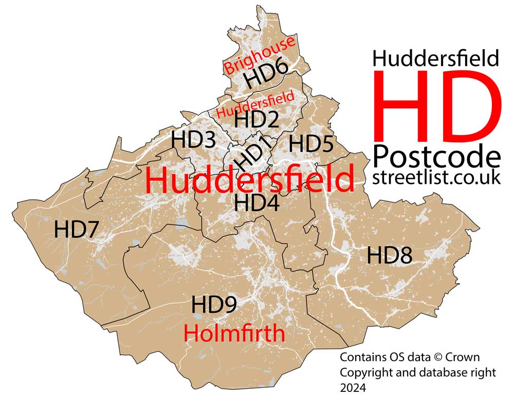 Detailed map of HD Huddersfield Postcode Area
