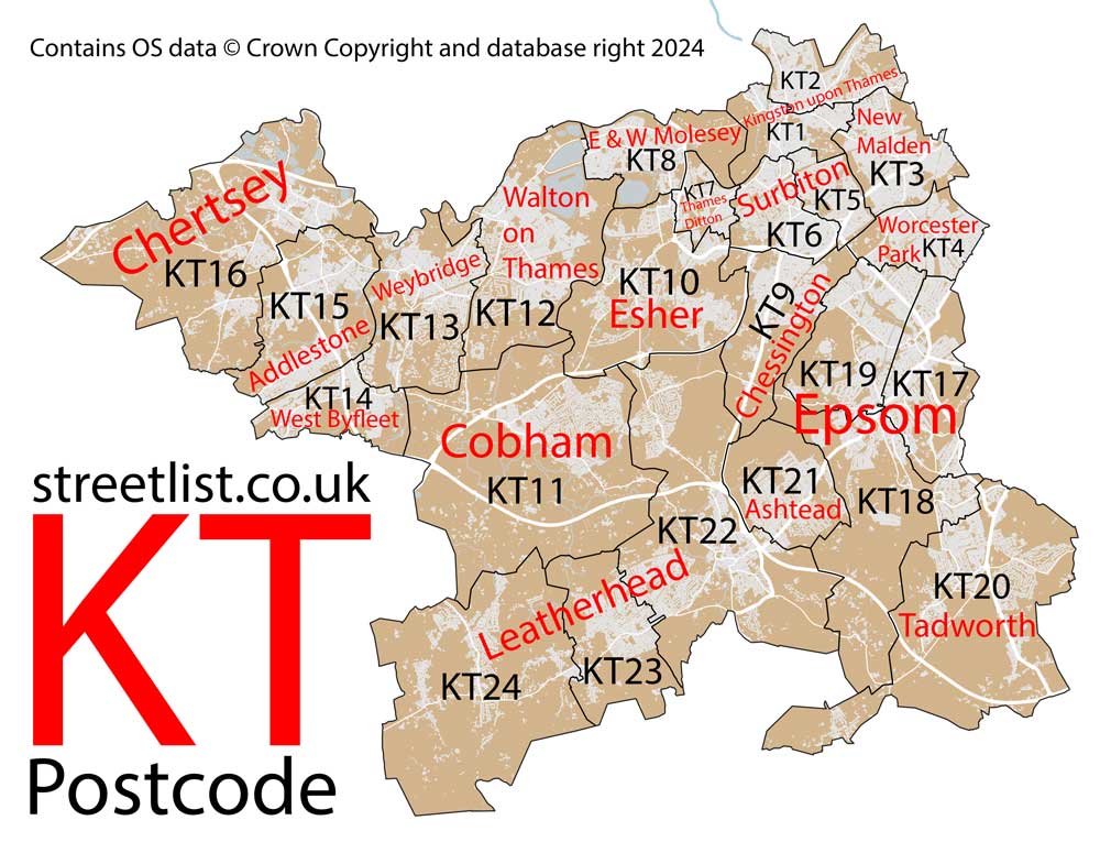 Detailed map of KT Kingston upon Thames Postcode Area