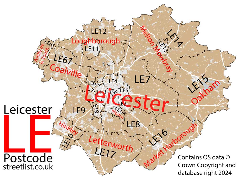 Detailed map of the LE Postcode Area