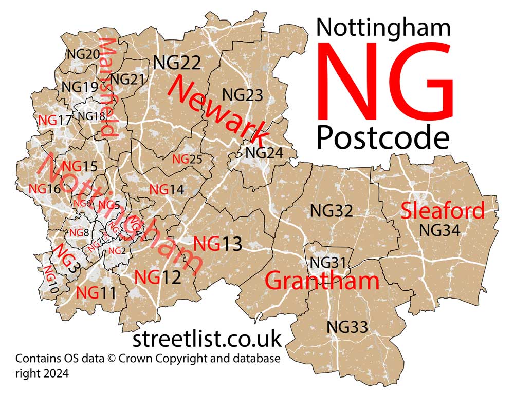 Detailed map of the NG Postcode Area
