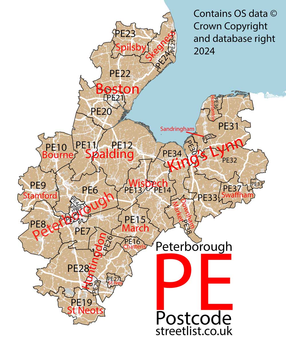 Detailed map of the PE Postcode Area