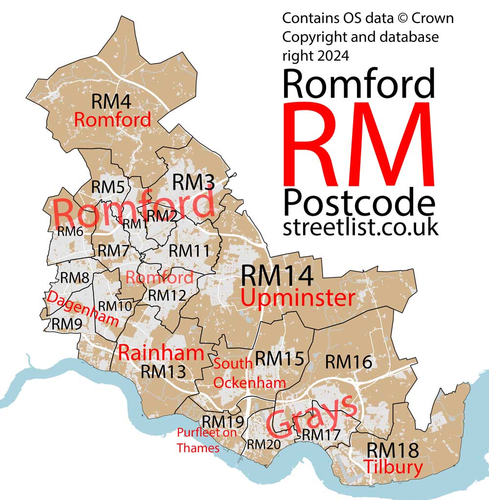 Detailed map of the RM Postcode Area