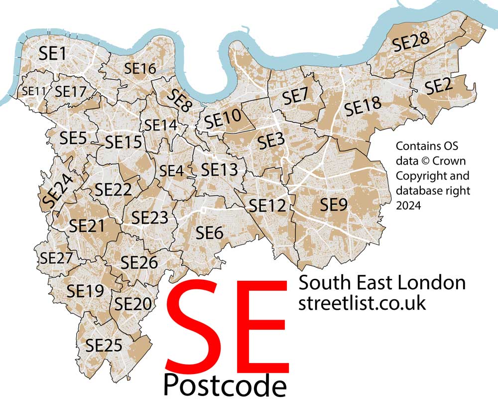 Detailed map of SE South East London Postcode Area