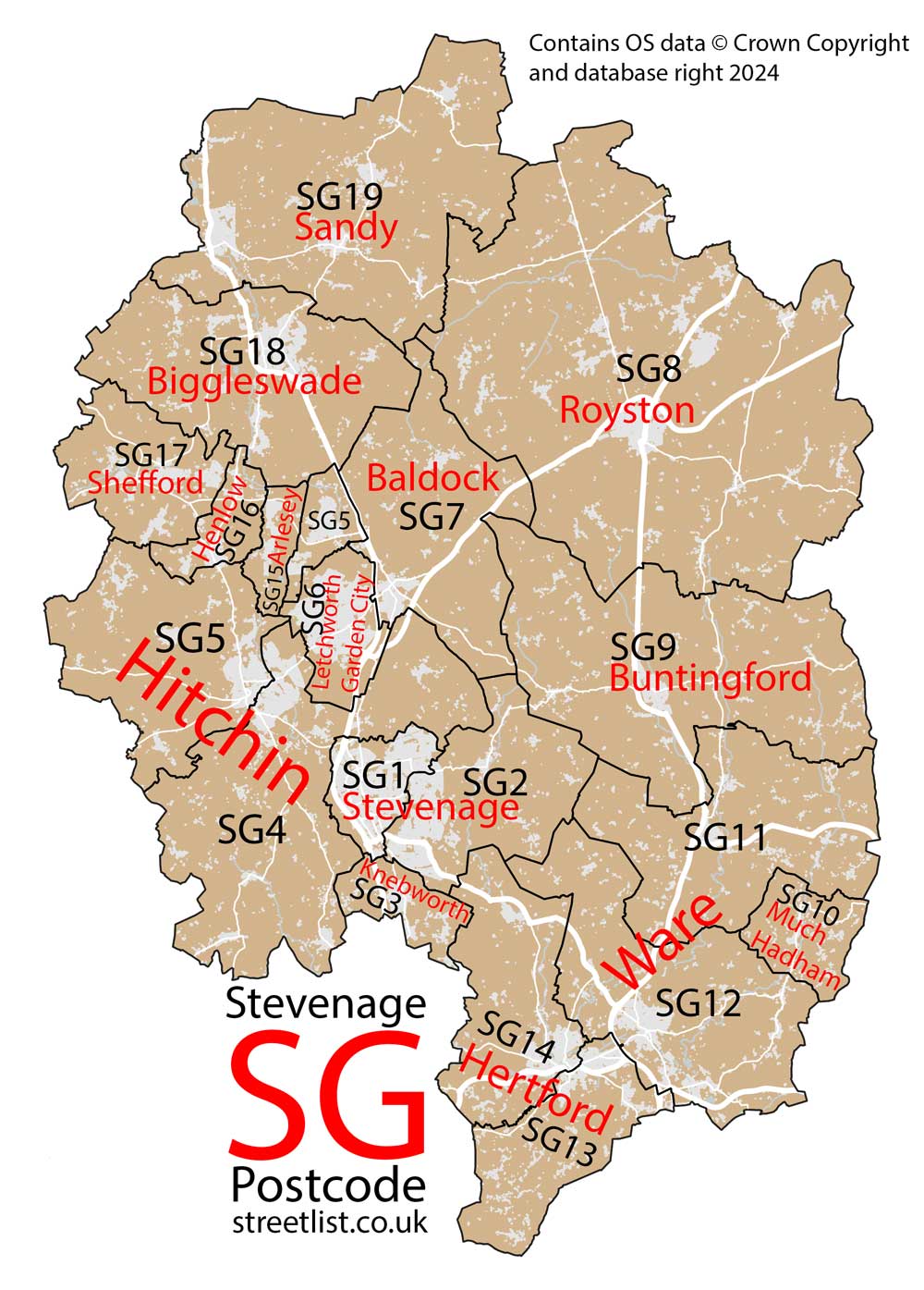 Detailed map of SG Stevenage Postcode Area