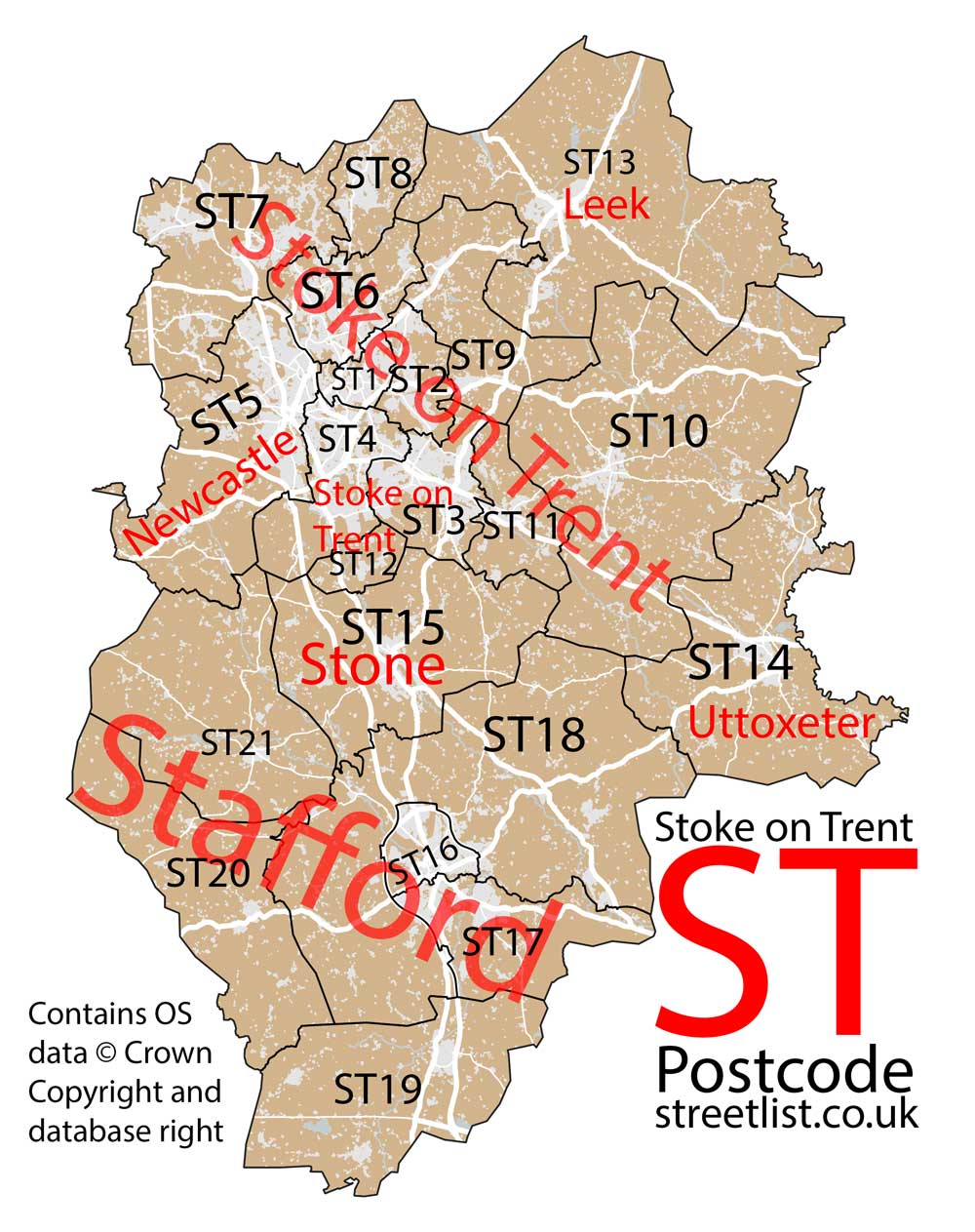 Detailed map of the ST Postcode Area