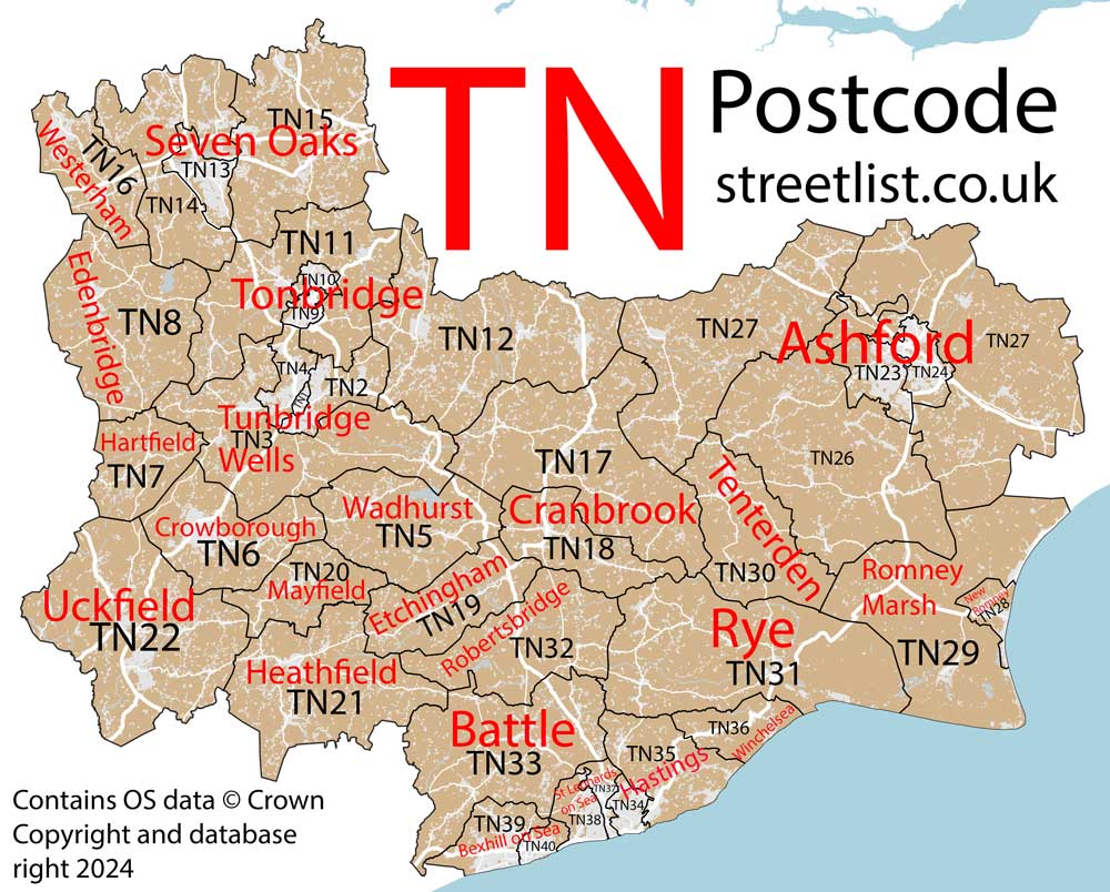 Detailed map of TN Tonbridge Postcode Area