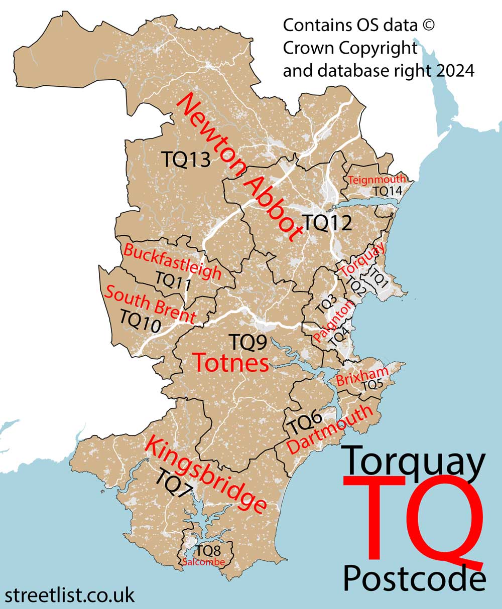 Detailed map of the TQ Postcode Area