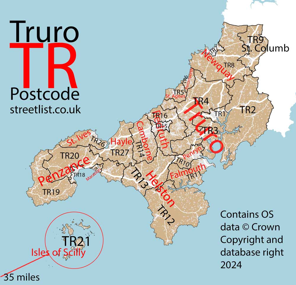 Detailed map of the TR Truro Postcode Area