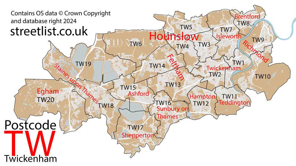 Detailed map of the TW Postcode Area