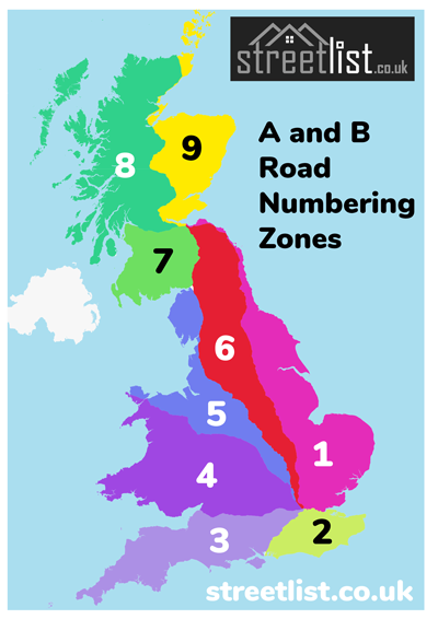 Map of A and B road numbering zones in Great Britain