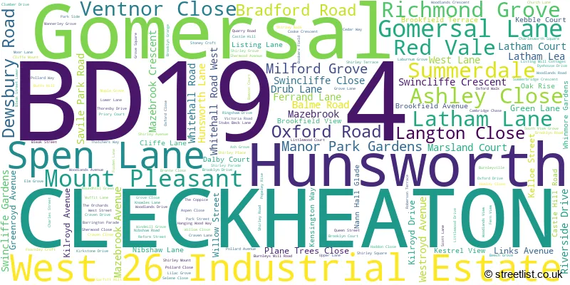 A word cloud for the BD19 4 postcode