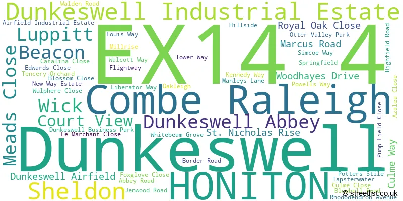 A word cloud for the EX14 4 postcode