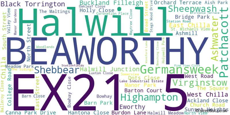 A word cloud for the EX21 5 postcode